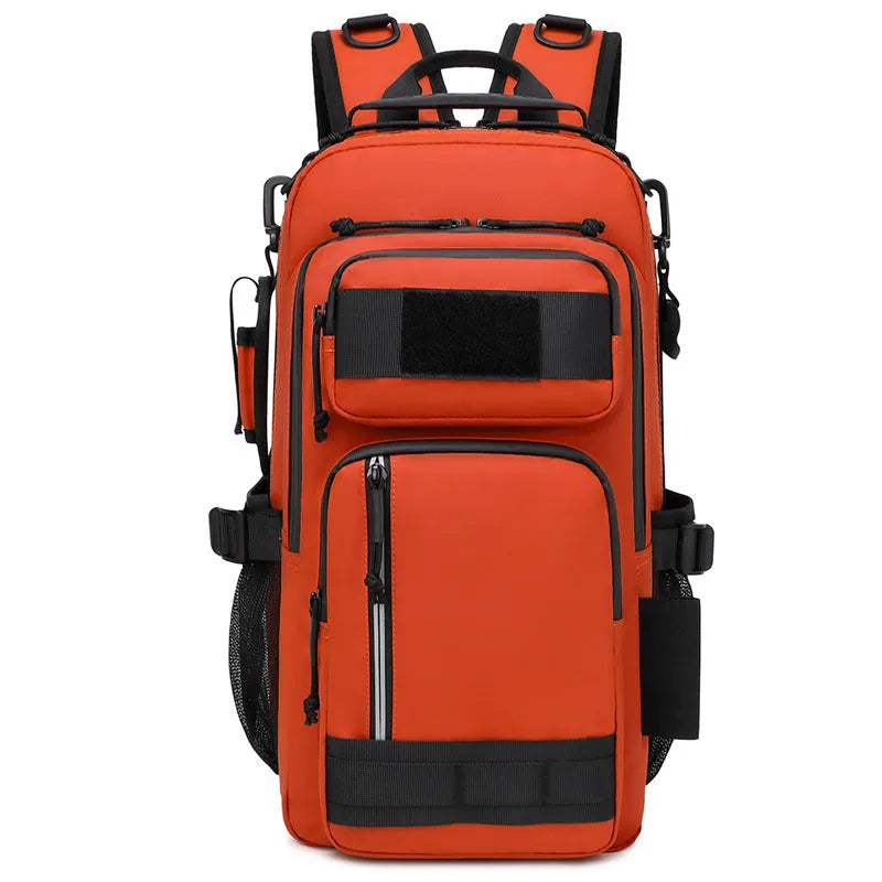 Orange and black outdoor backpack with 20-35 litre capacity for hiking and camping adventures