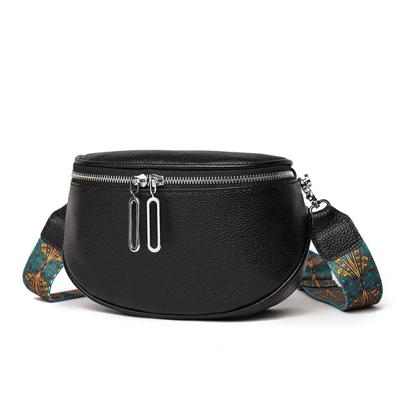 Women's soft PU leather messenger bag in saddle shape with single shoulder strap and sewing line details