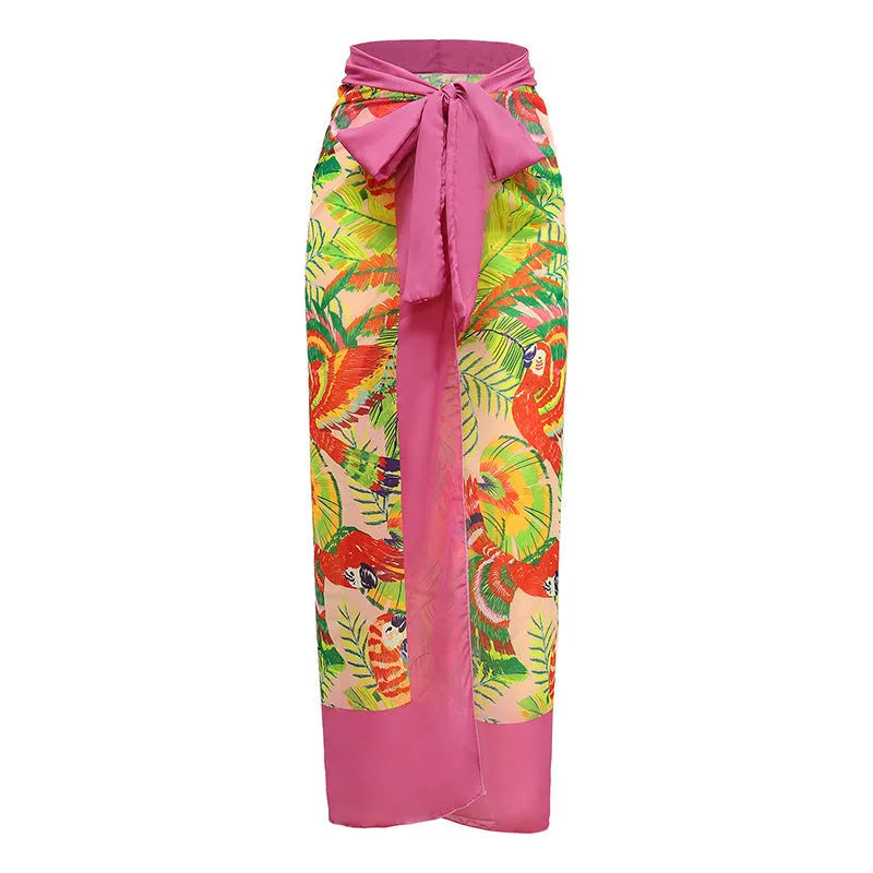 Retro pink floral print one-piece swimsuit with V-neck, covered belly, and thin skirt