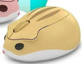 Hamster Bluetooth wireless mute computer mouse in yellow, pink, and grey colour options on a desk.
