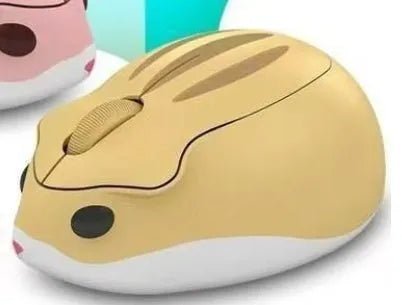 Hamster Bluetooth wireless mute computer mouse in yellow, pink, and grey colour options on a desk.