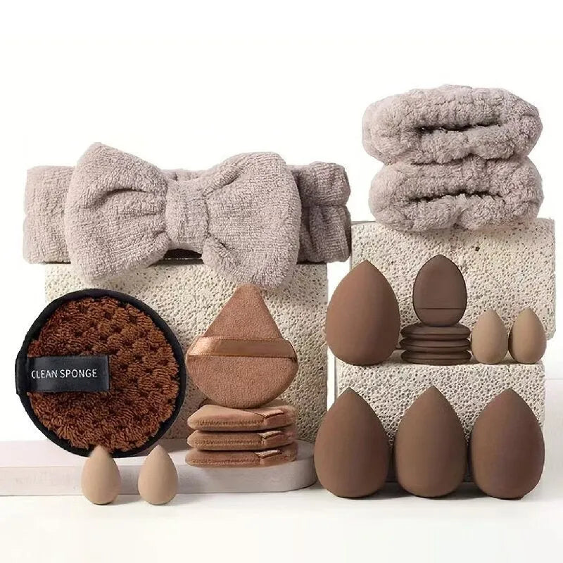 Hydrophilic non-latex beauty tool combination set for makeup and face washing in pink, brown, and purple colours