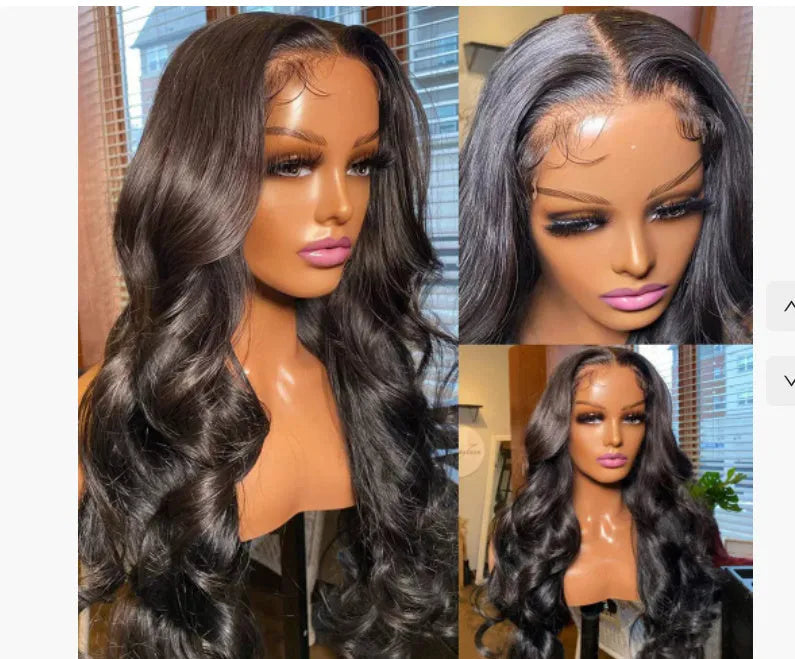 Black medium-long curly synthetic full-head wig on a lace mesh cap, shown from the front.