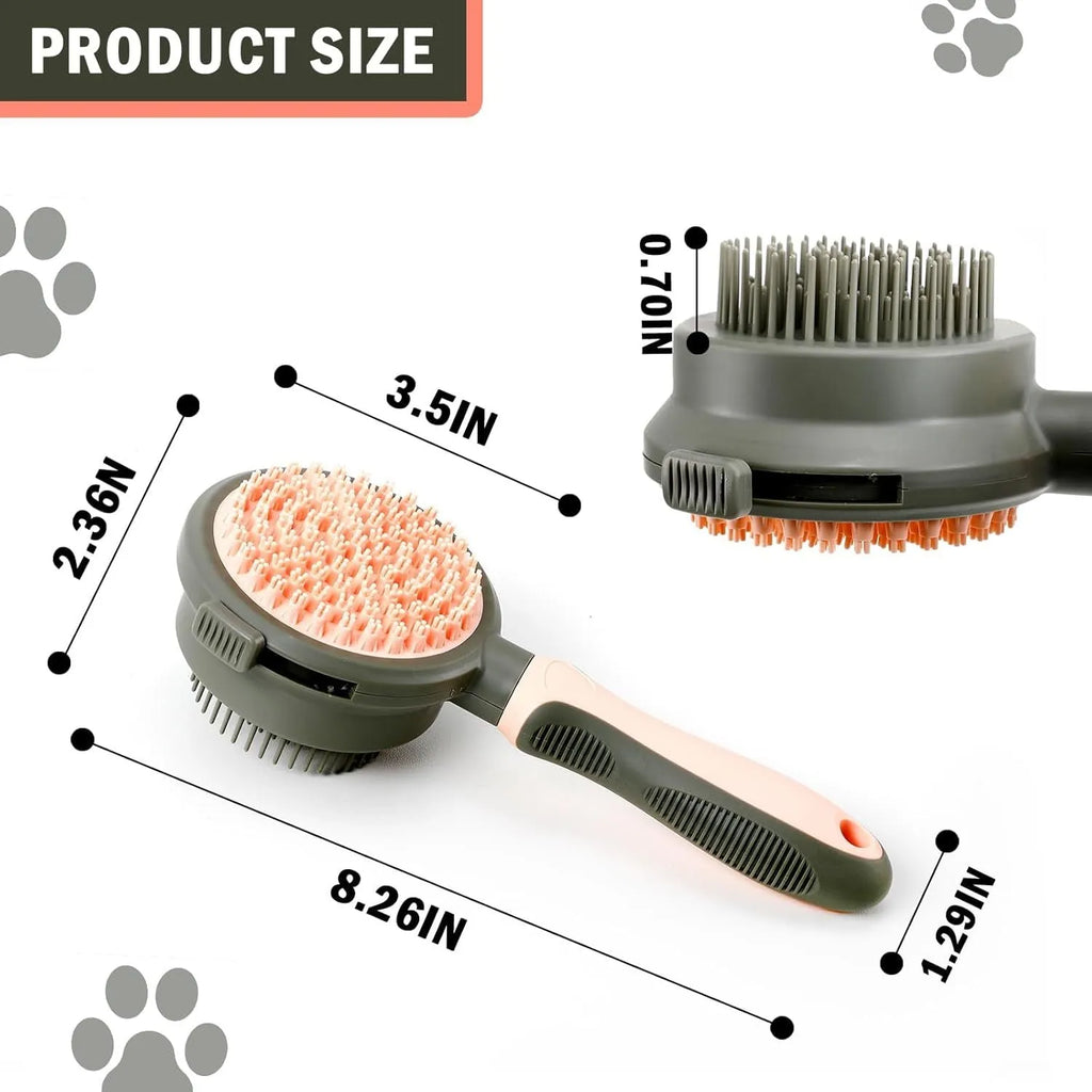 Double-sided pink cat brush with release button and a separate black flea comb on a white background.
