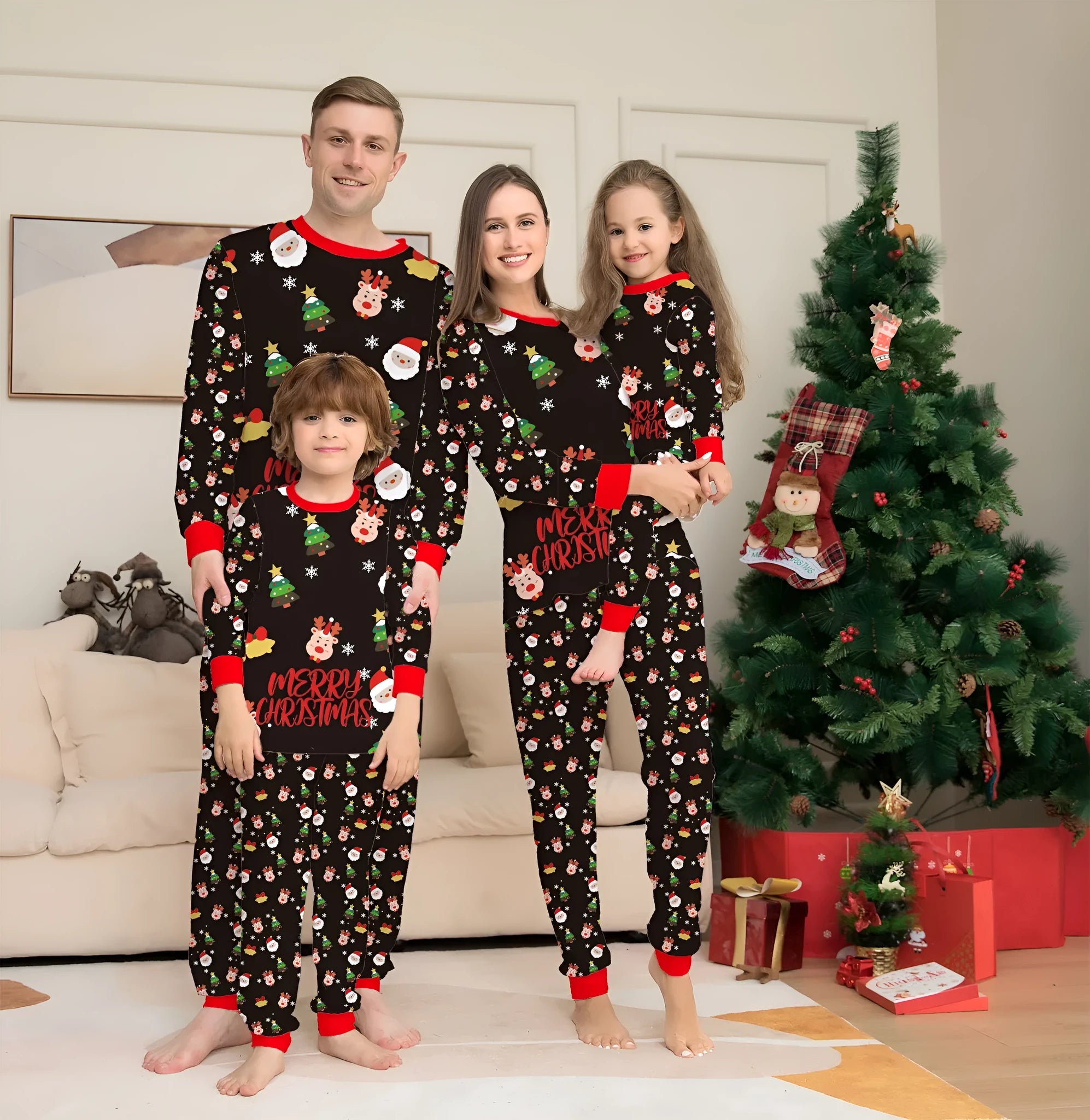 Family Christmas matching cotton pajamas set with plaid and cartoon designs for babies, children, adults and dogs