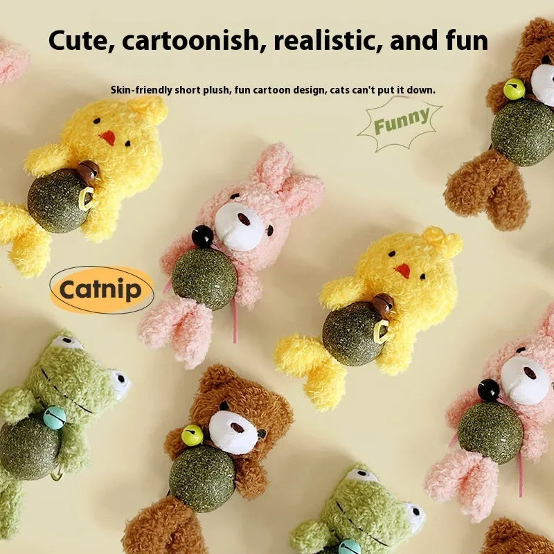 Plush catnip ball toy with animal design and bell measuring 15cm by 7cm