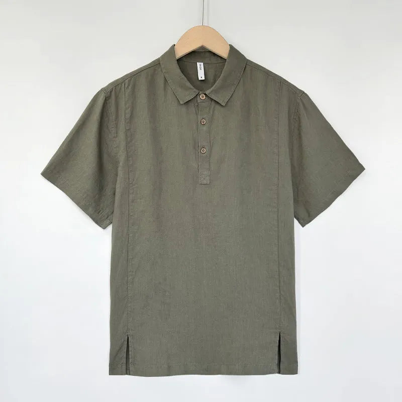 Men's linen summer top with thin lapels in loose fit, shown in optical linen colour