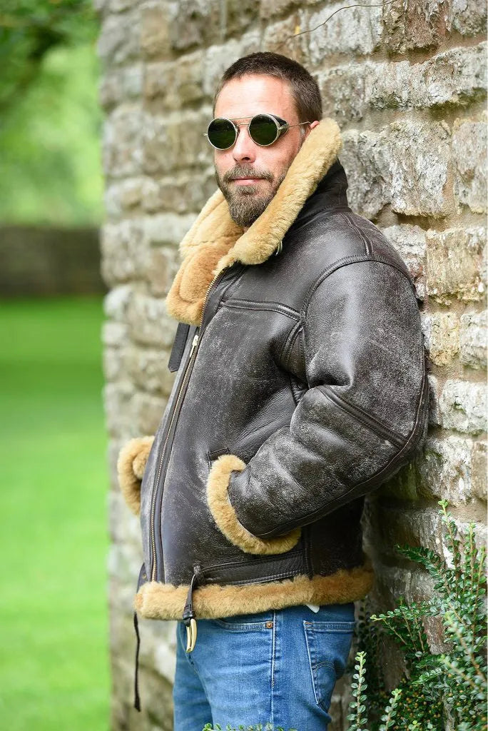 Men's brown retro western style synthetic leather fur coat with straight hem