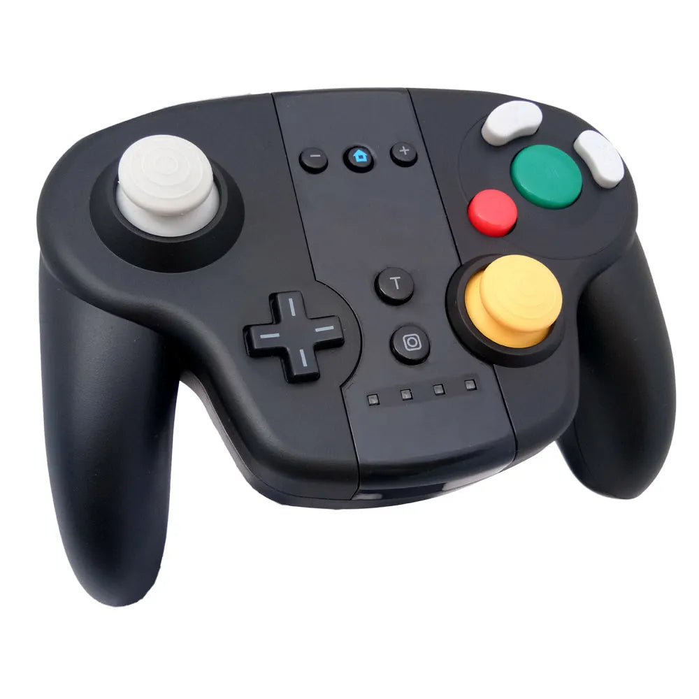 Black wireless gamepad for Nintendo Switch and PC with colourful packaging, showing buttons and joysticks.