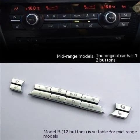 Automotive air conditioning button panel replacement parts showing silver buttons in multiple fitting sizes