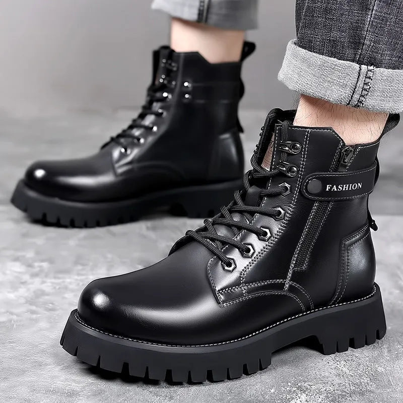 Men's light brown high-top side-zip Martin boots with round toe and thick rubber sole