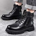 Men's light brown high-top side-zip Martin boots with round toe and thick rubber sole