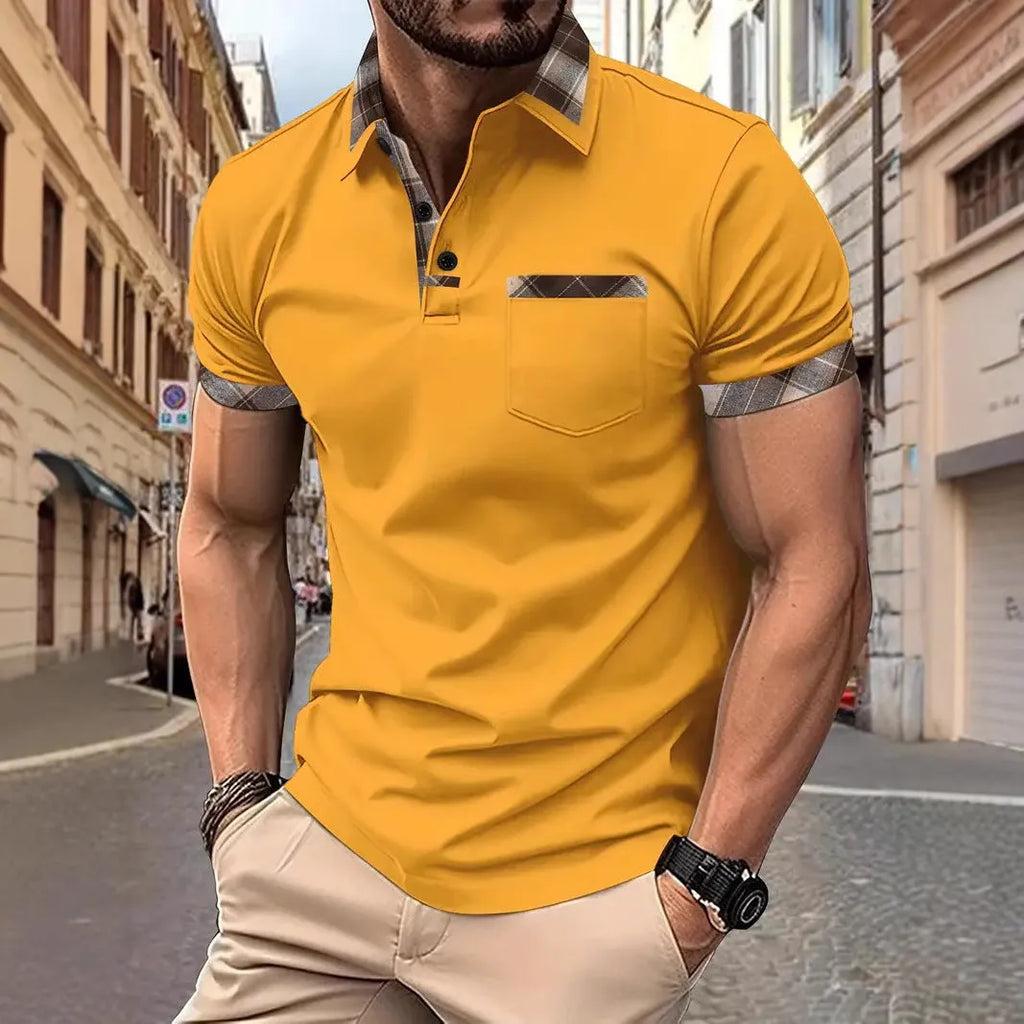 Men's loose fit short sleeve t-shirt with plaid colourblock design and zipper decorations