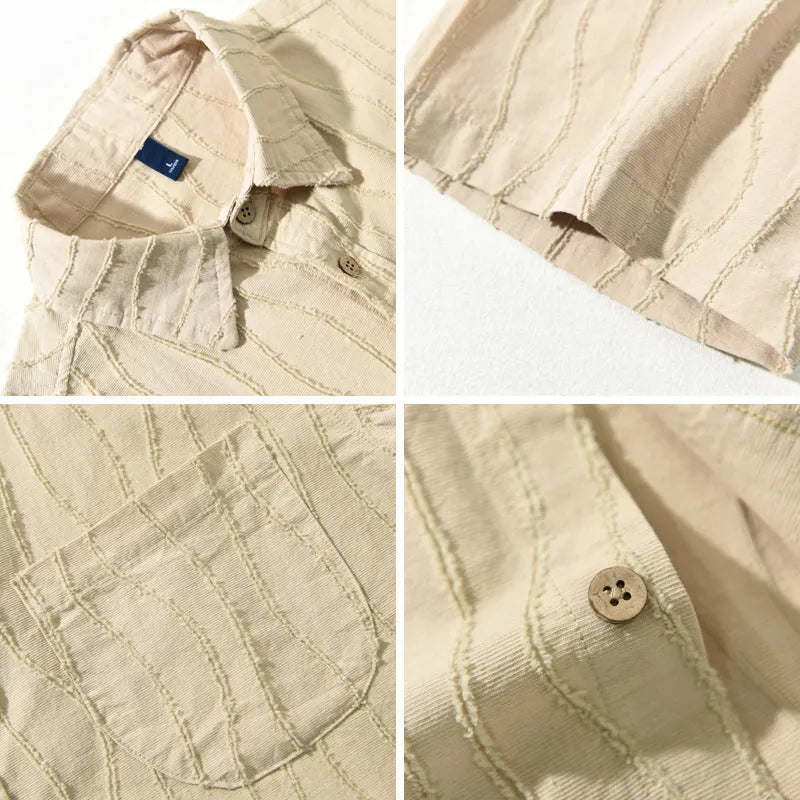 Men's pure cotton short sleeve casual shirt in apricot colour with loose fit Japanese style