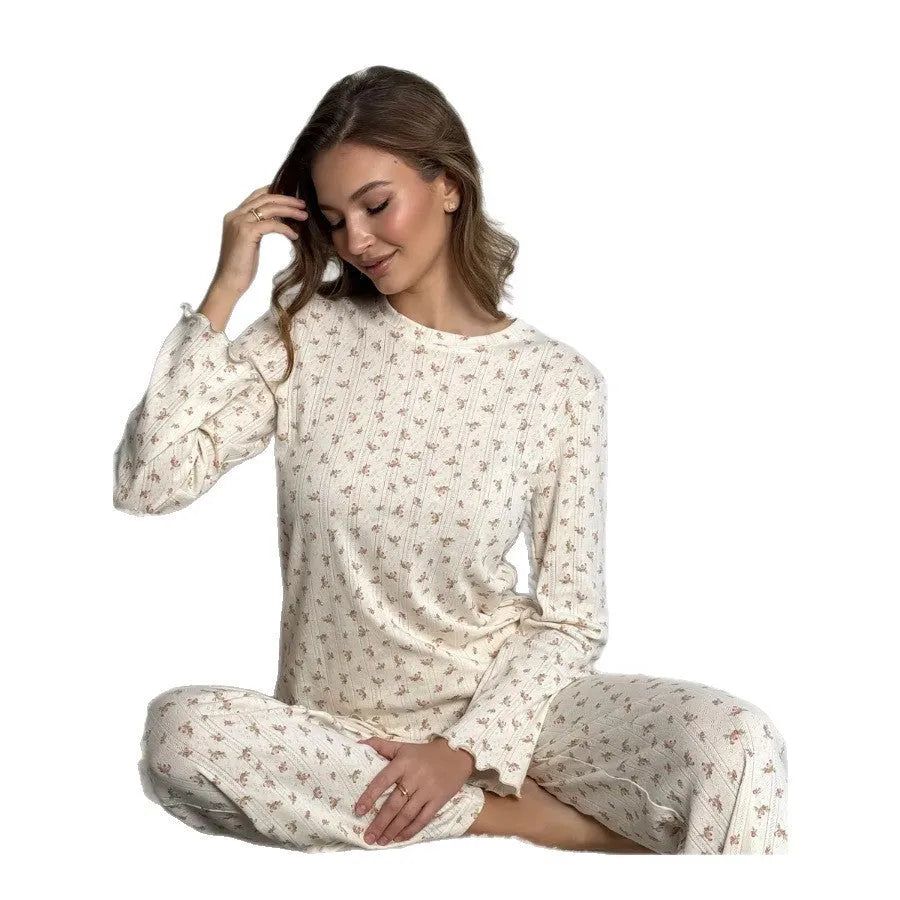 Women's white floral print polyester lounge suit with bell sleeve top and wide leg trousers