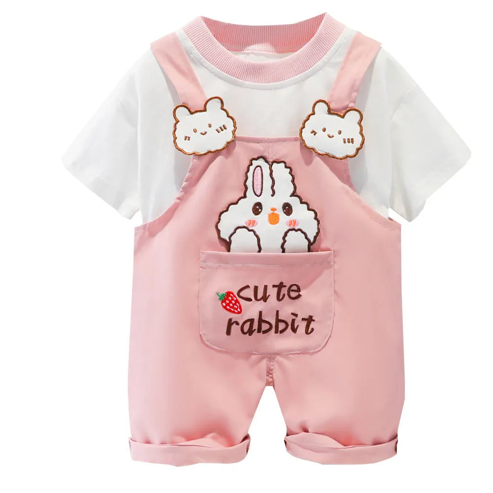 Yellow cotton baby short-sleeved overalls with cartoon print and adjustable straps