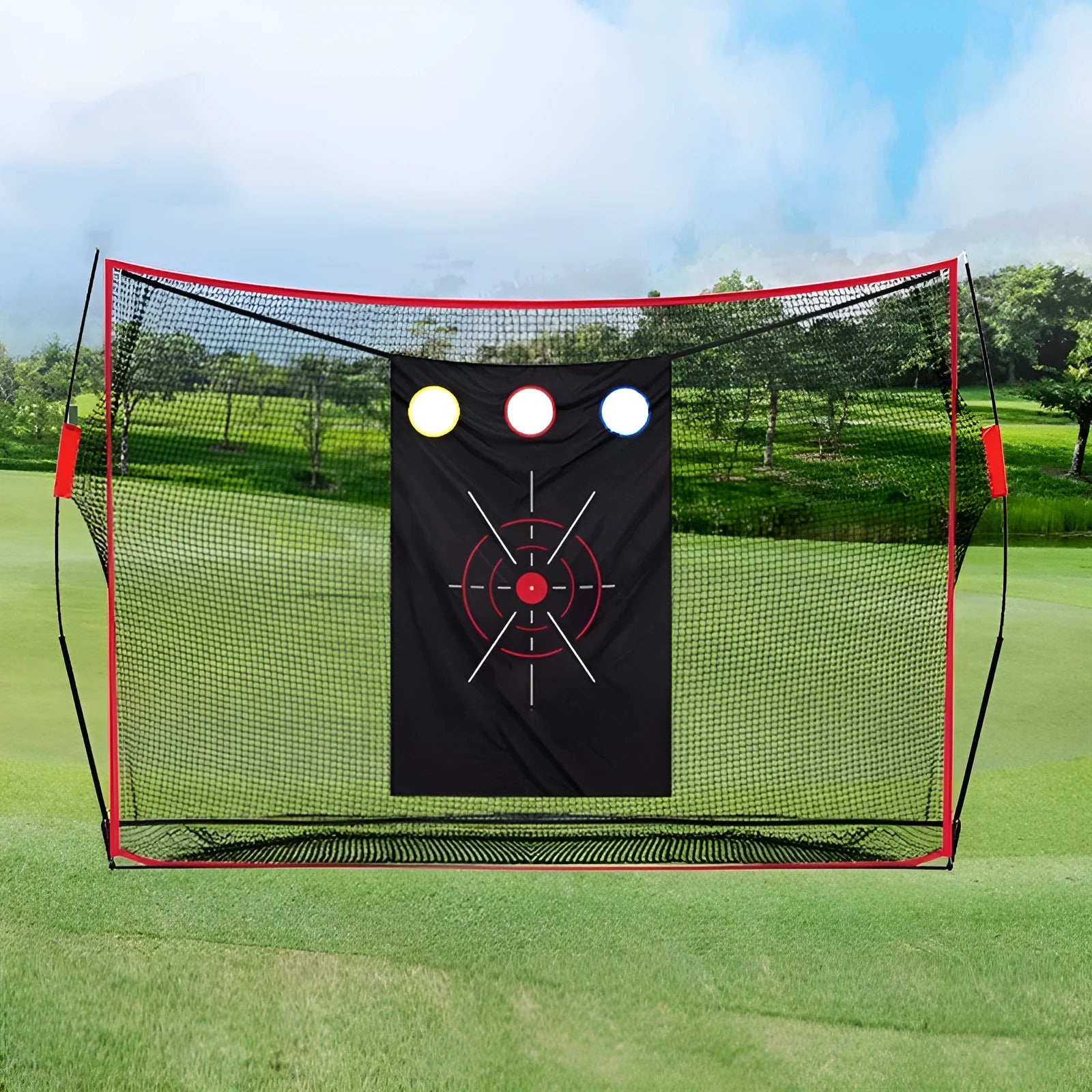Golf swing wedge training net set with straw mat, practice balls, and target net laid out.
