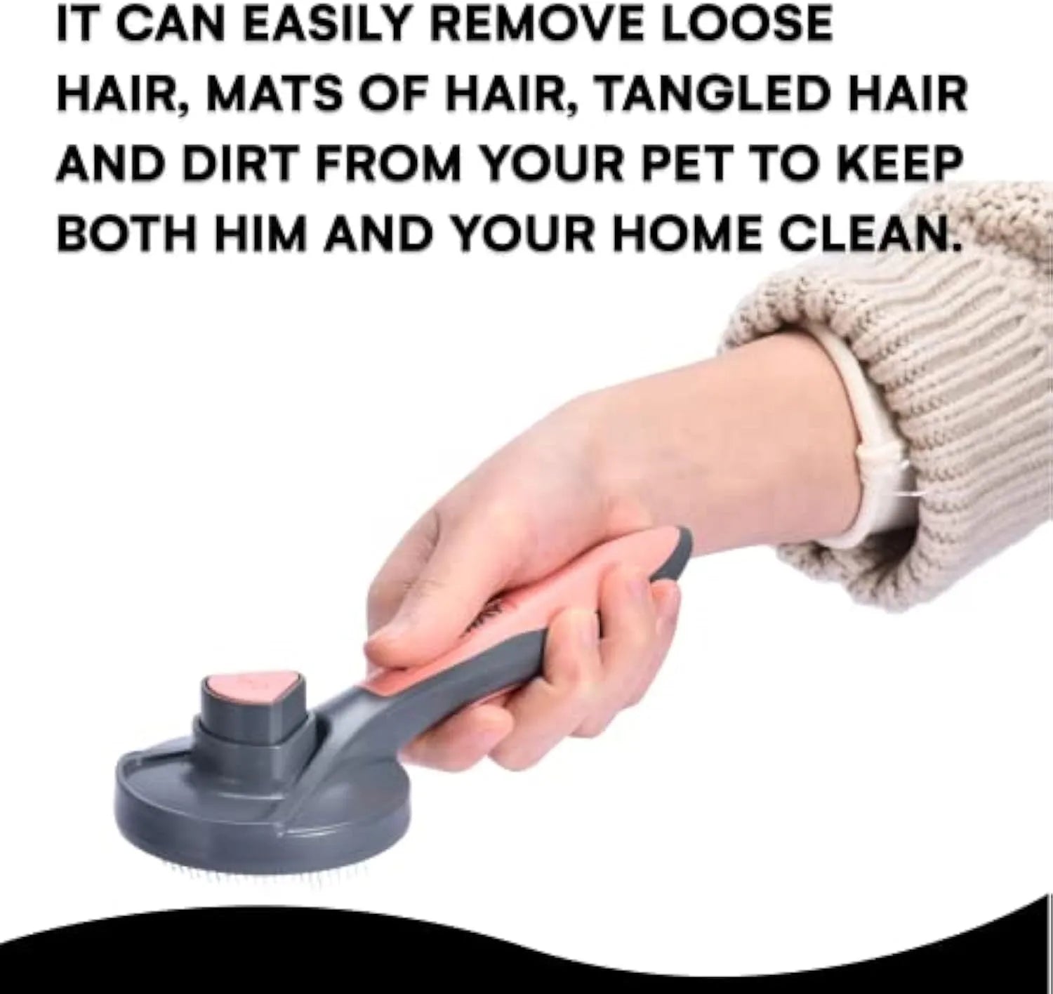 A grey self-cleaning slicker brush for grooming dogs, cats, and rabbits on a plain background.
