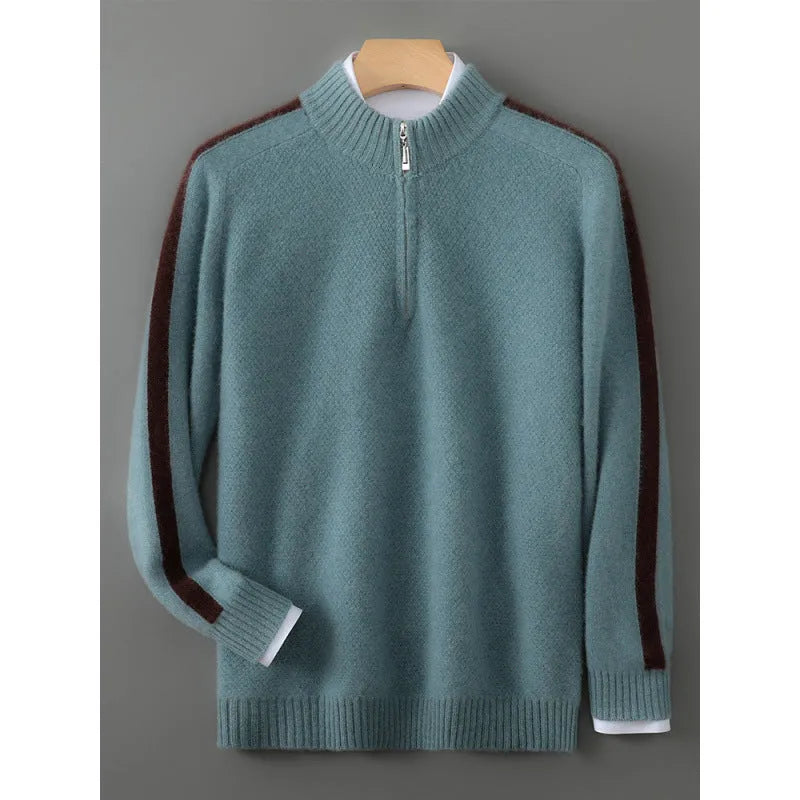 Sheep wool half-zip knitted sweater in slim fit, shown in Raw Velvet Camel colour.