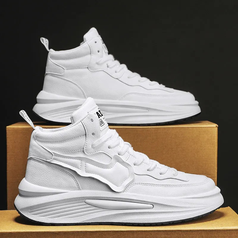 Men's black and white high-top board shoes with round toe and platform design