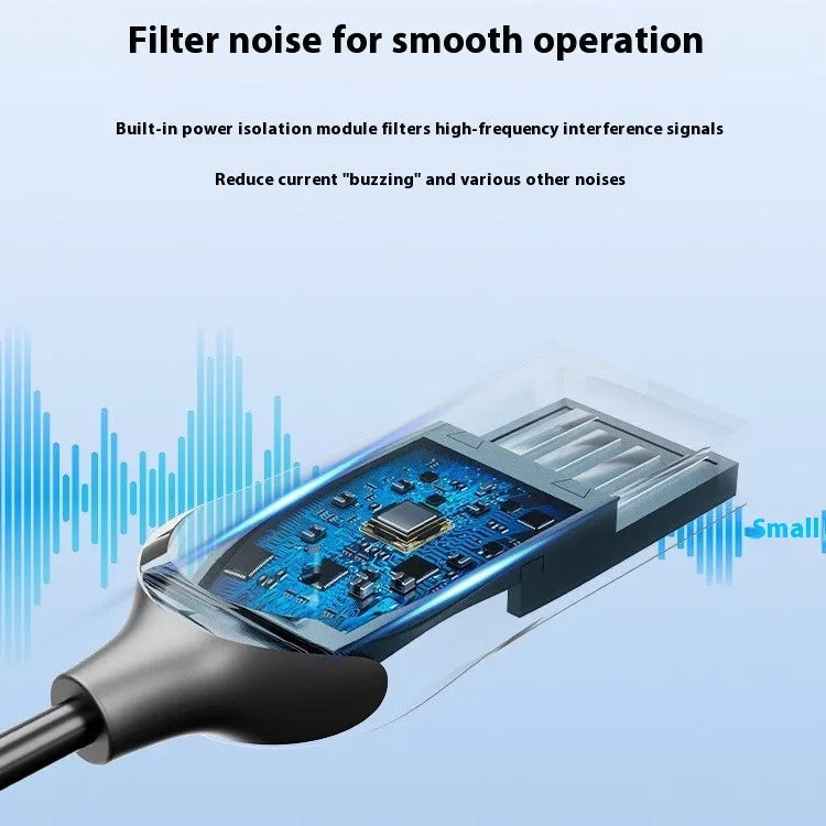 USB car Bluetooth audio receiver with a black zinc alloy USB plug connected by a PU-coated spring wire to a copper 3.5mm audio jack.