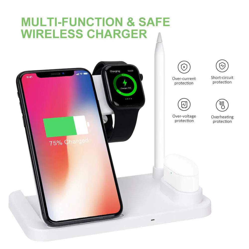 Folding 4-in-1 wireless charger showing MagSafe pad for iPhone and Apple Pencil charger in Space Grey colour.