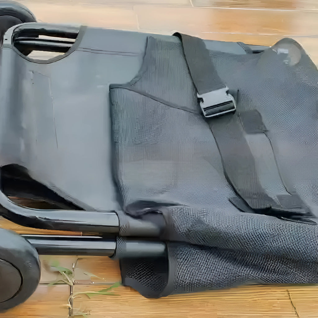 Large black aluminium alloy pet stretcher in folded position for dog emergency transport