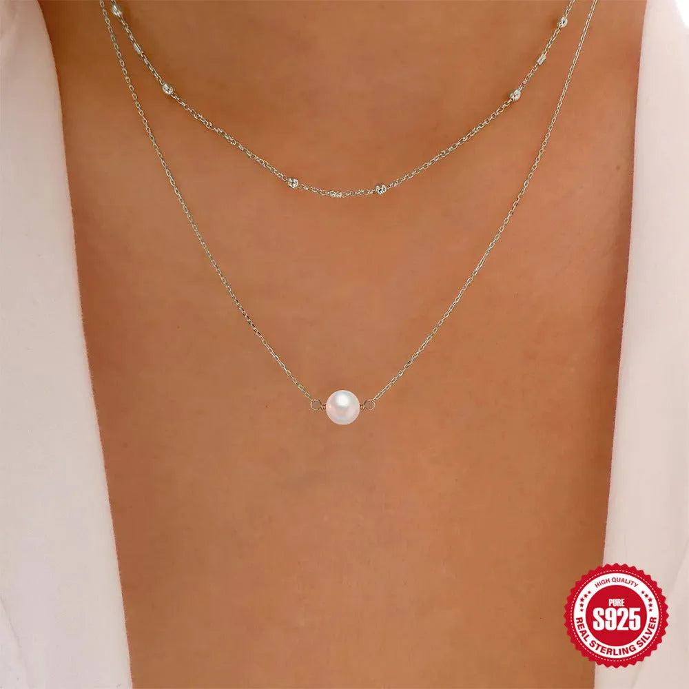 S925 sterling silver double layer necklace with twin pearls and geometric pendant on ball bead chain