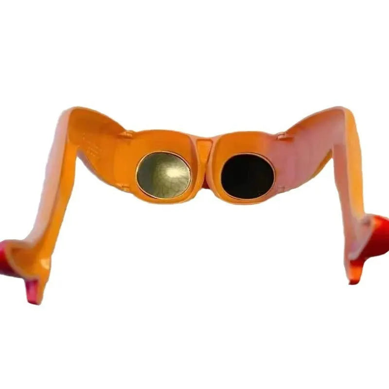 Orange plastic novelty sunglasses with oversized personality leg and hip design on the frame.
