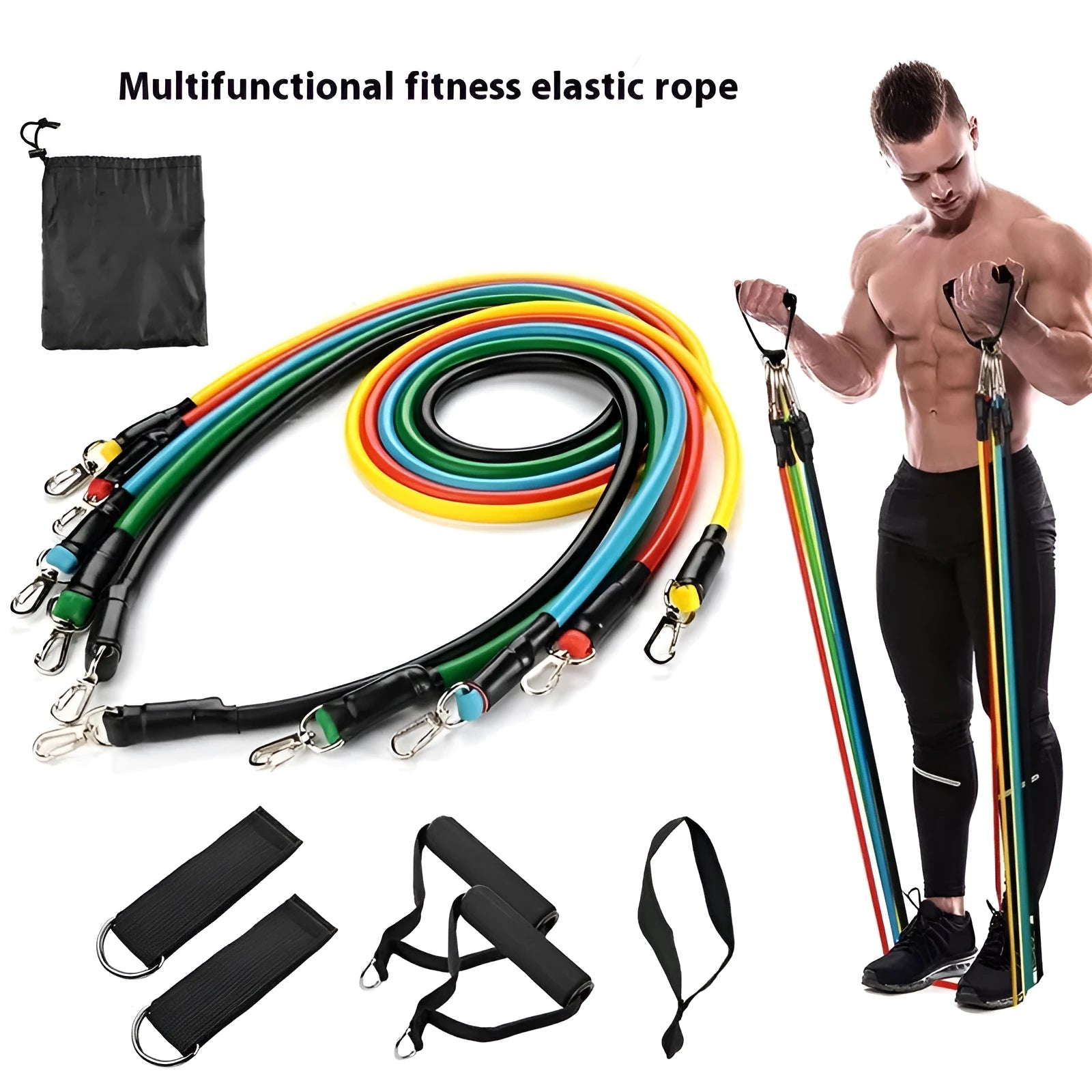 Multi-functional ABS door sports pulling rope set with hooks, packaged in a box for home fitness.