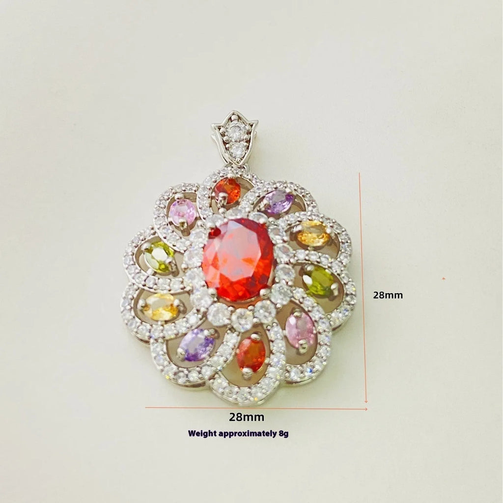 Women's floral zircon pendant necklace in gold tone with colourful stone flower design
