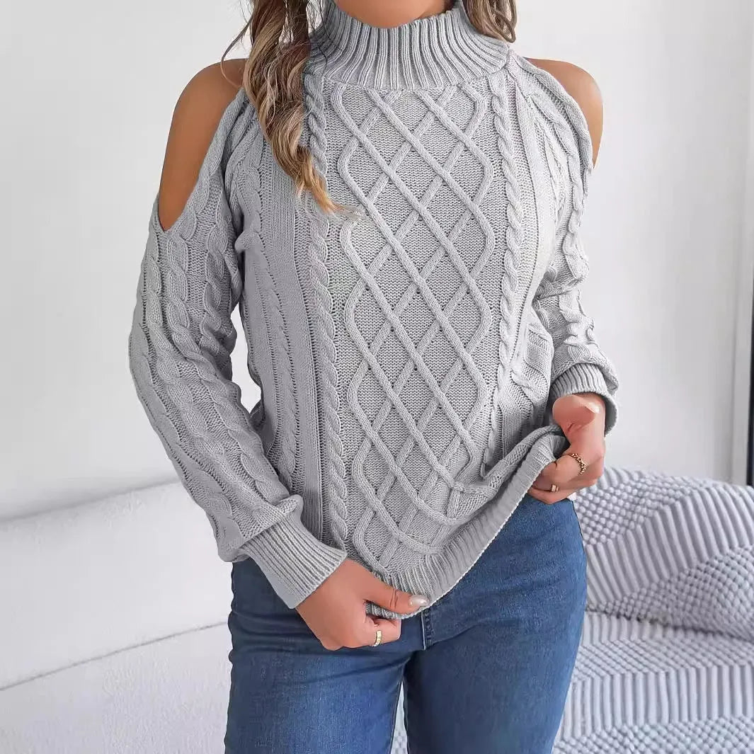 Women's twisted pattern strapless sweater with half-high collar and lantern sleeves in acrylic fabric