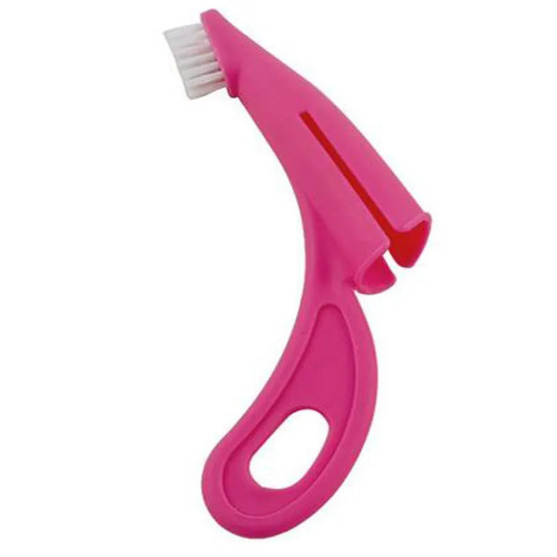 Red and white finger-sleeve toothbrush for cleaning dog and cat teeth, with soft silicone bristles.
