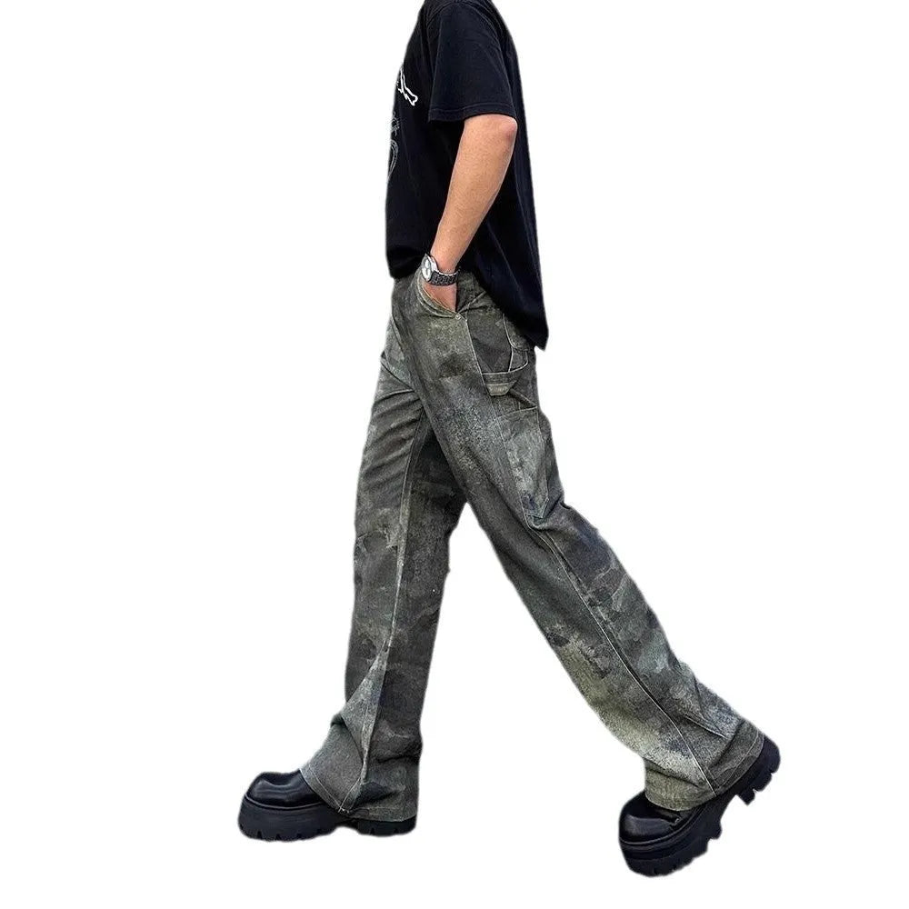 Men's straight-cut denim jeans with digital camouflage pattern in picture colour with mid-waist design