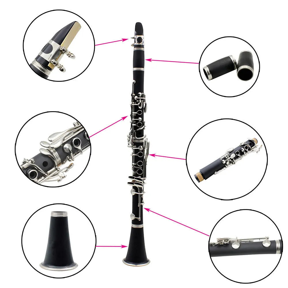 Black bakelite clarinet with nickel plated 17 key mechanism and carry bag
