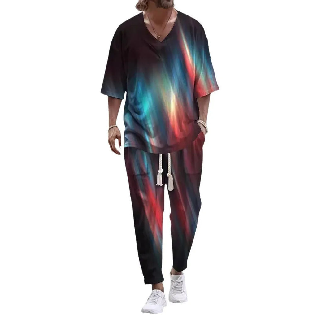 Lightweight polyester V-neck suit set with cropped sleeves and matching trousers on a hanger.