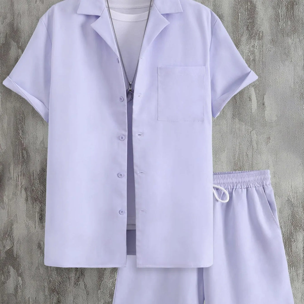 Men's short sleeve Cuban collar sport suit with matching shorts in thin polyester fabric