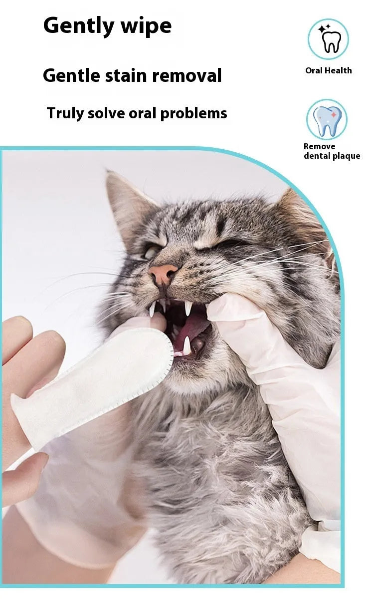 Pack of 50 white non-woven fabric pet teeth cleaning finger stalls for cats and dogs.