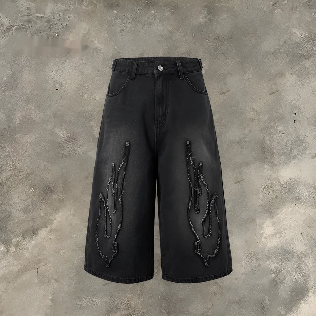 Men's black denim shorts with flame embroidery patch detail on straight leg casual cut