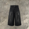Men's black denim shorts with flame embroidery patch detail on straight leg casual cut