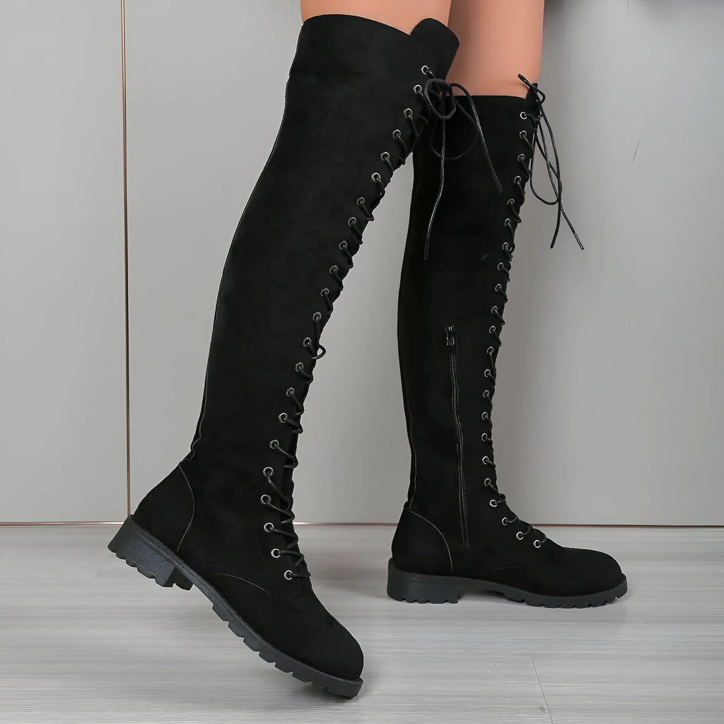 Women's black lace-up over the knee boots with round toe and flat rubber sole