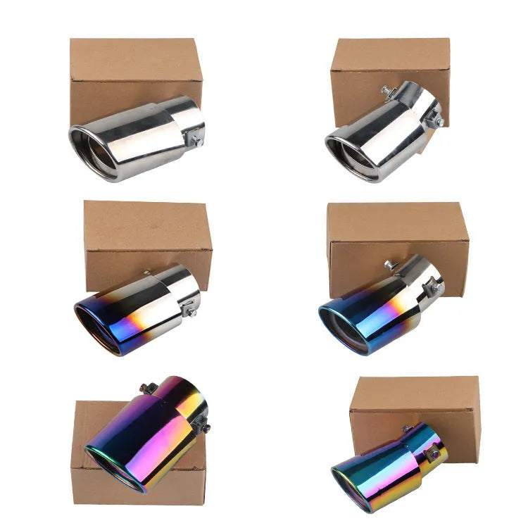 Stainless steel car exhaust tailpipe, 140mm long, shown in straight and curved shapes.