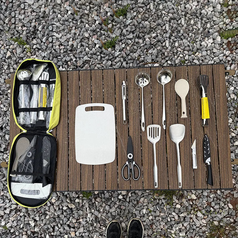 Portable picnic kitchenware storage bag containing 12-piece stainless steel cutlery set