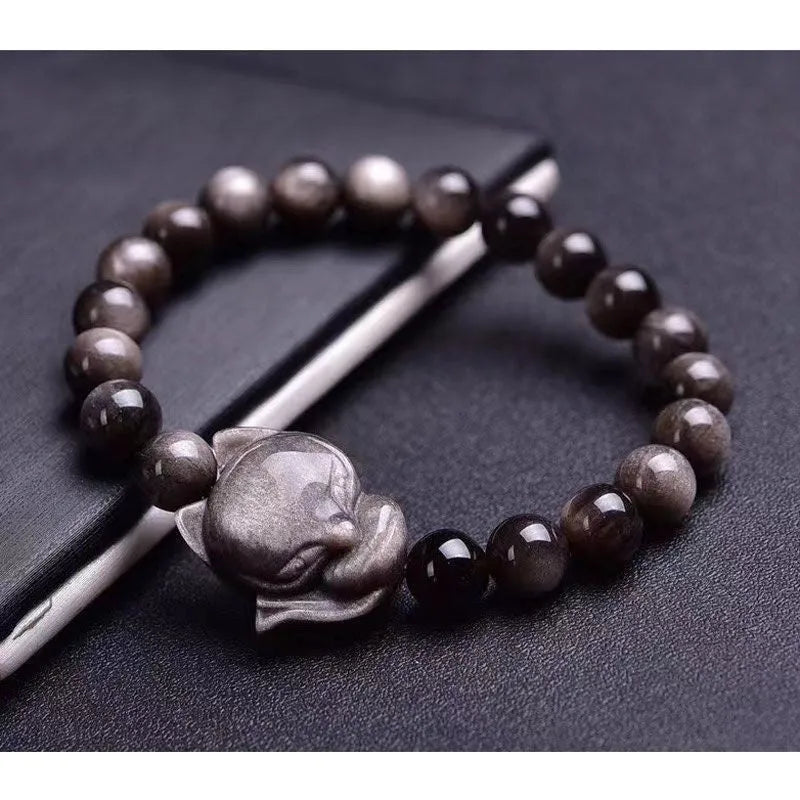 Obsidian stone bracelet with detailed fox charm on polished 8mm stone