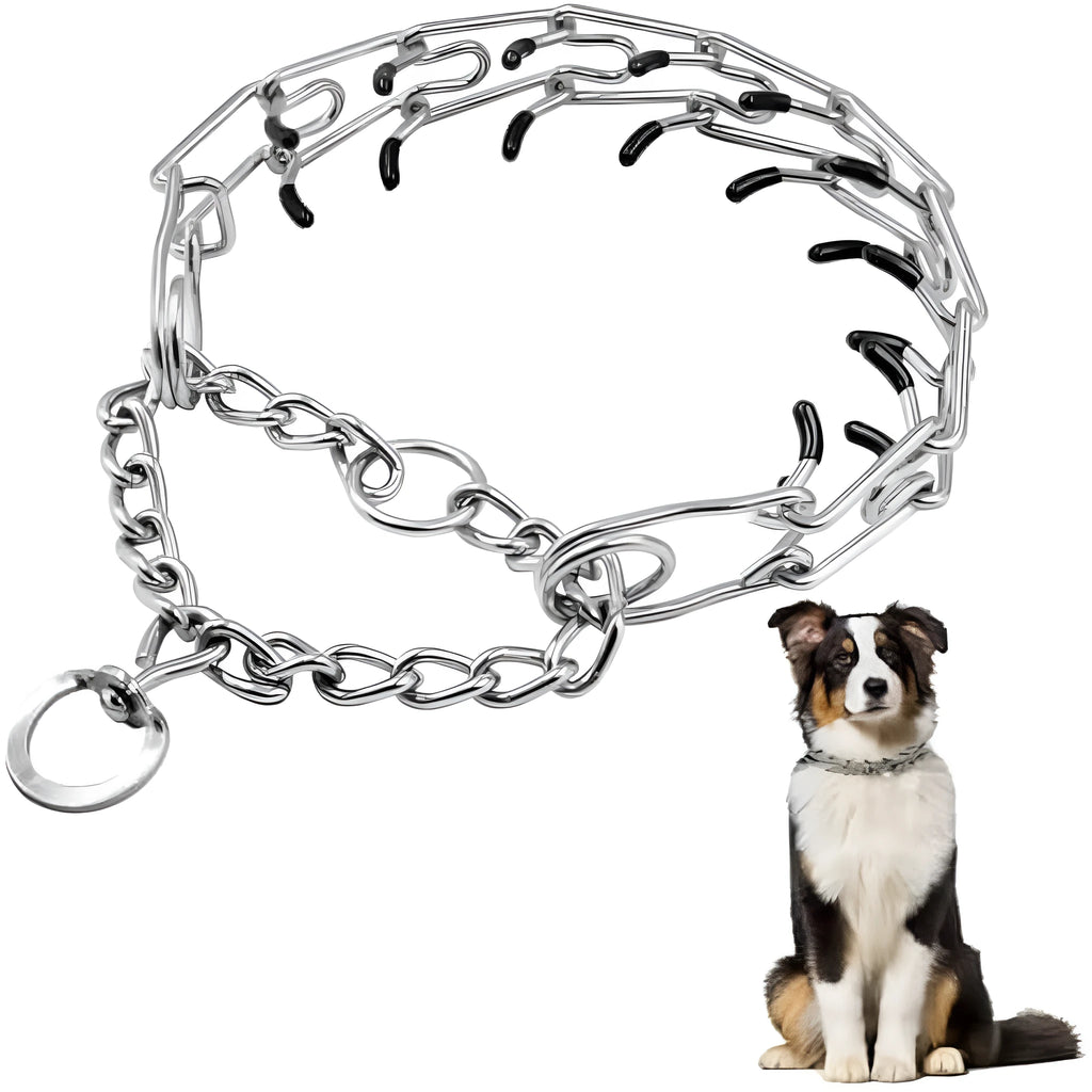 Stainless steel adjustable dog prong training collar with comfort rubber tips on a grey background