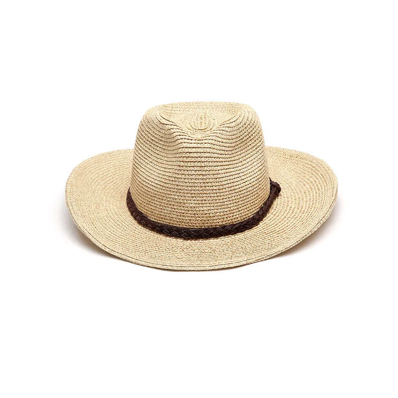 Men's foldable straw sun hat with a wide brim shown in a beige colour.