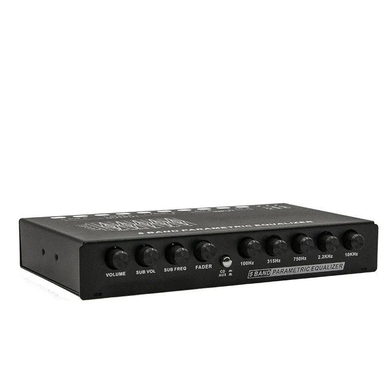 Black car audio EQ amplifier unit with control knobs, showing rear RCA input and output connections.