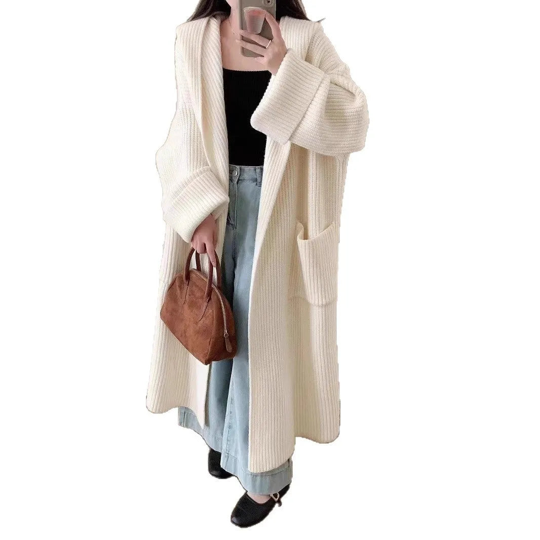 Women's loose hooded cardigan coat in acrylic fibre with 80cm length and raglan sleeves