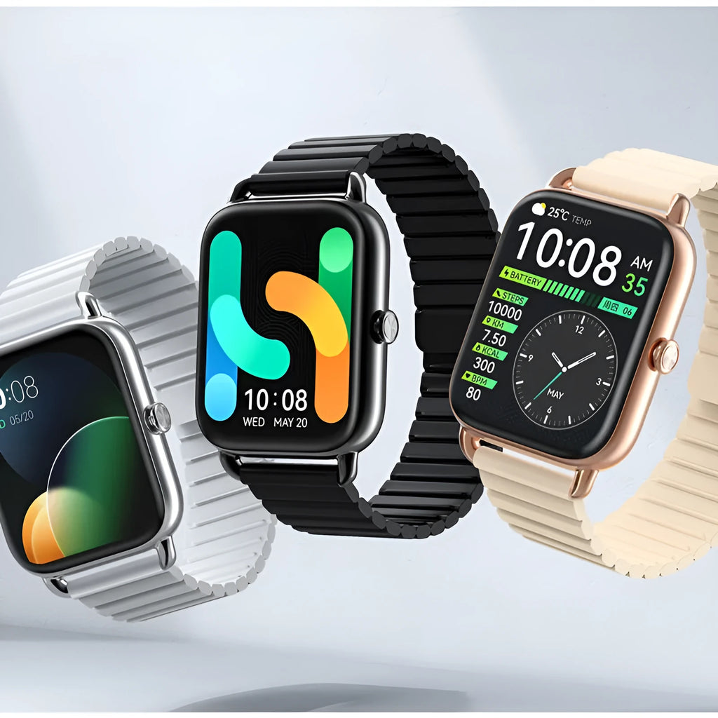 HAYLOU RS4 Plus smart sports watch with AMOLED display shown in black, champagne, or silver colour.