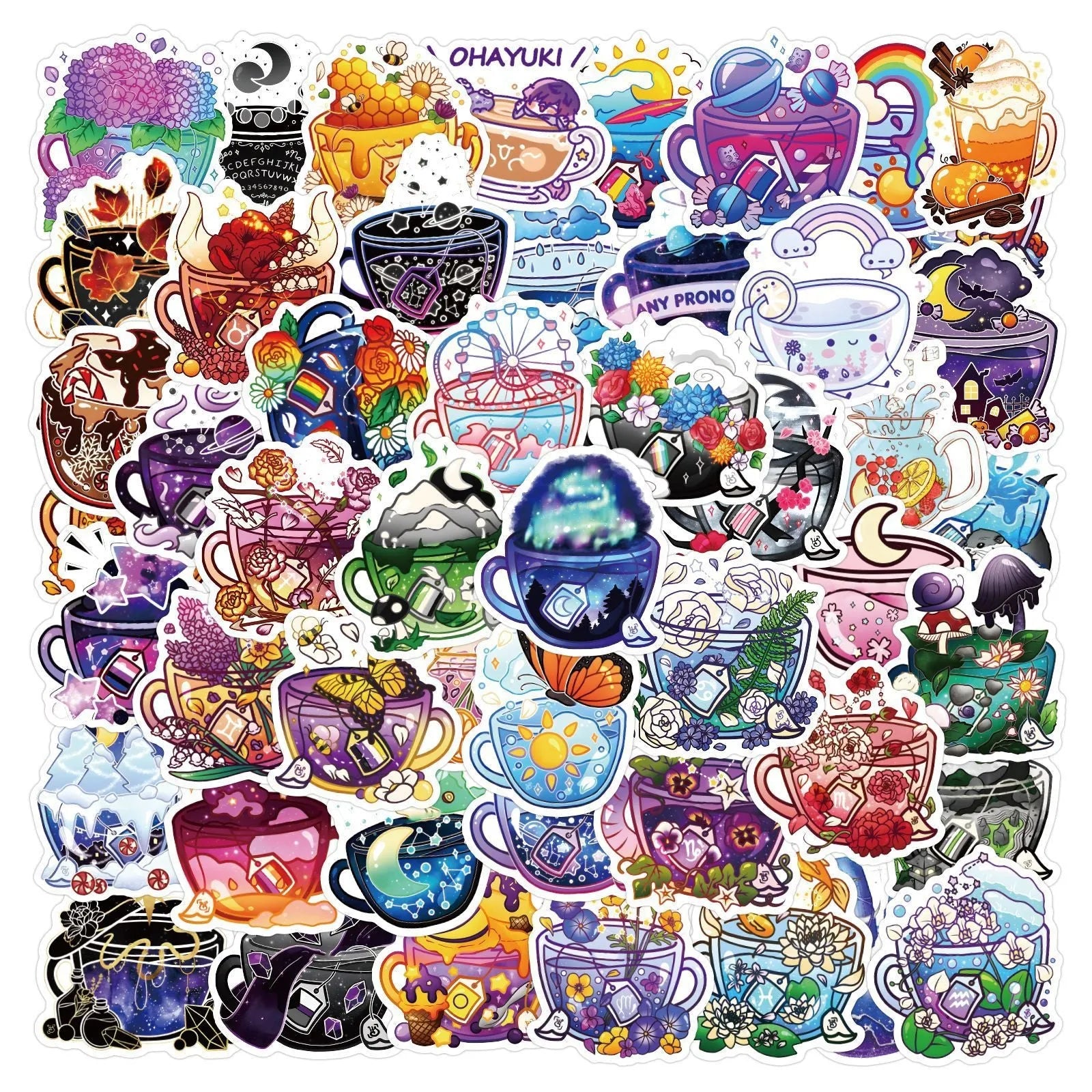 Pack of colourful tea cup graffiti design waterproof stickers for DIY scooter and luggage personalisation.
